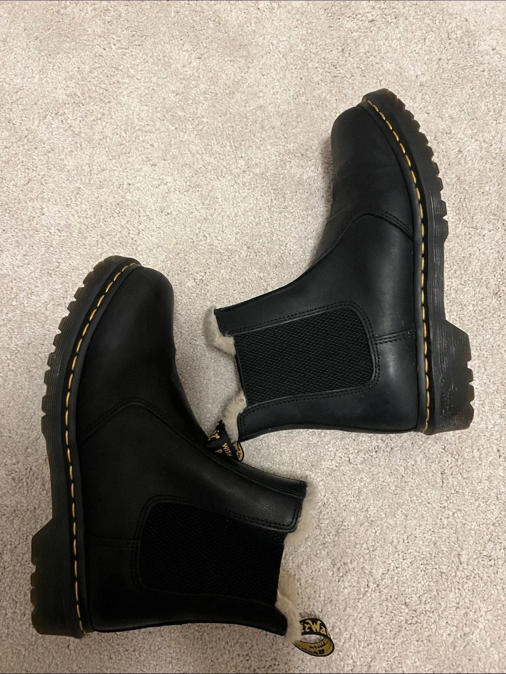 Dr. Martens Black Leather Lenore Boots with Shearling Lining & Collar
